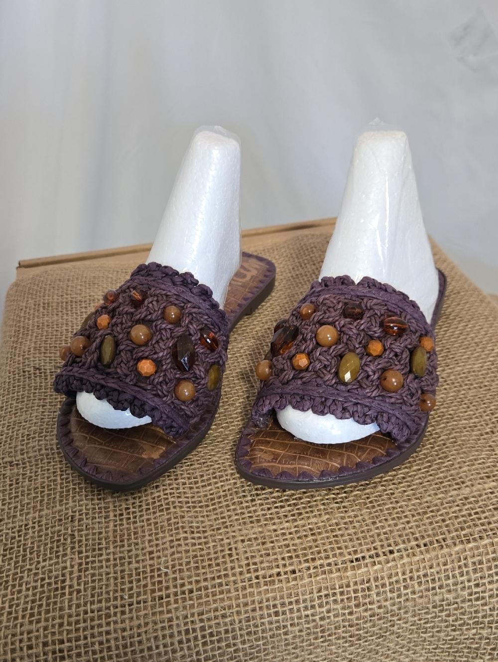 Handmade Beaded Crochet Slide Sandals - Purple